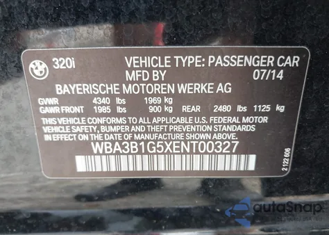 2014 BMW 320I из США, поврежденный, VIN WBA3B1G5XENT00327